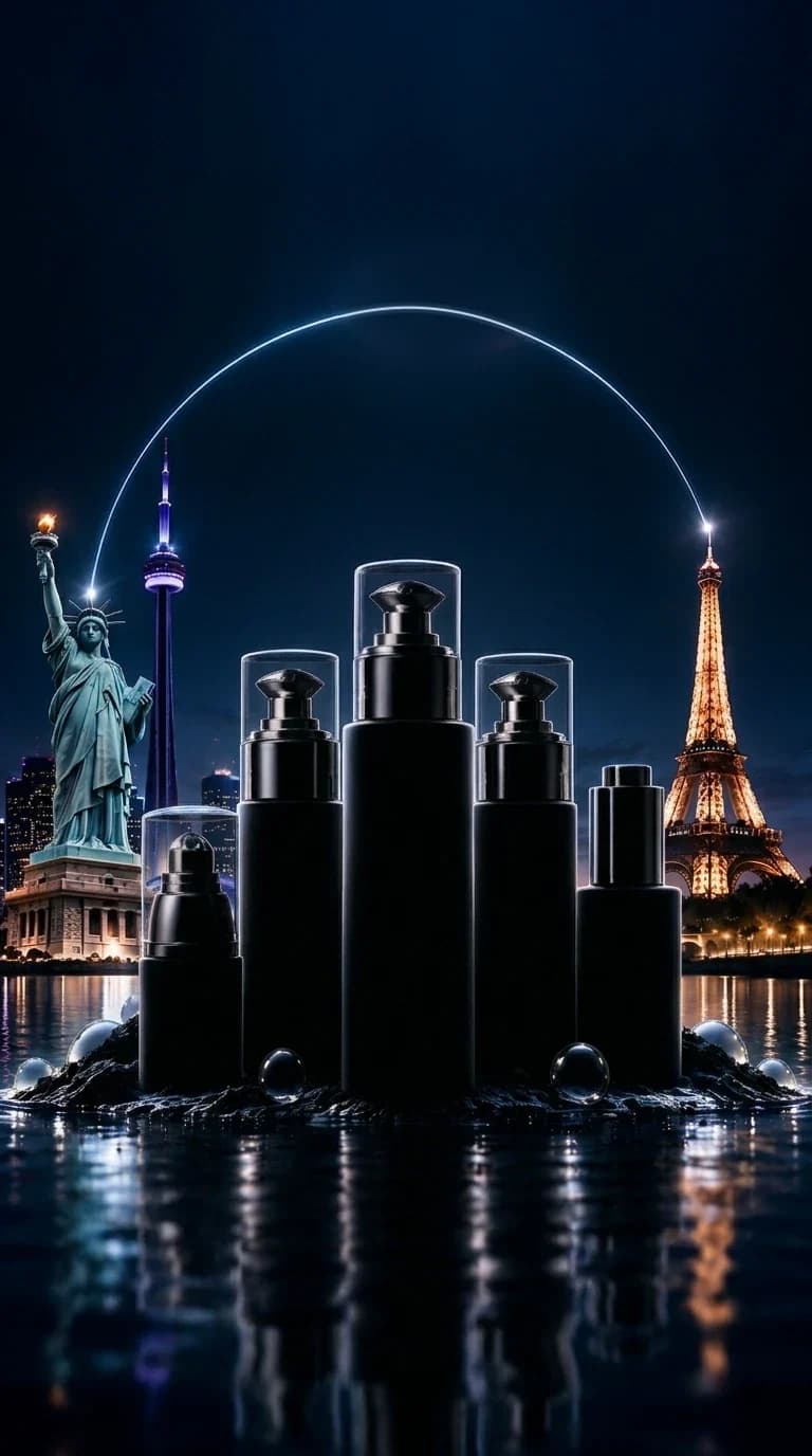 Five dark skincare bottles rising from the water at night, between the Statue of Liberty, the Toronto skyline and the Eiffel Tower, linked by a plane's trail of light.