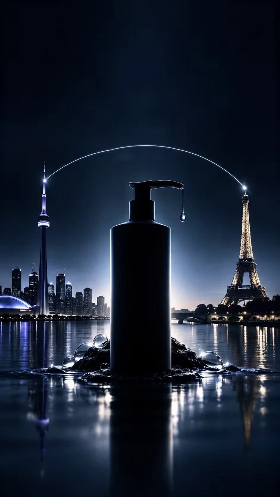 A dark bottle on wet stones at night, between the Toronto skyline and the Eiffel Tower, linked by a plane's trail of light.