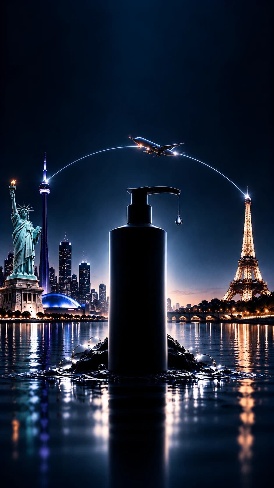 Un flacon sombre sur des pierres mouillées, la nuit, entre la tour Eiffel et les gratte-ciel de Toronto avec la statue de la Liberté, reliés par la traînée lumineuse d'un avion.