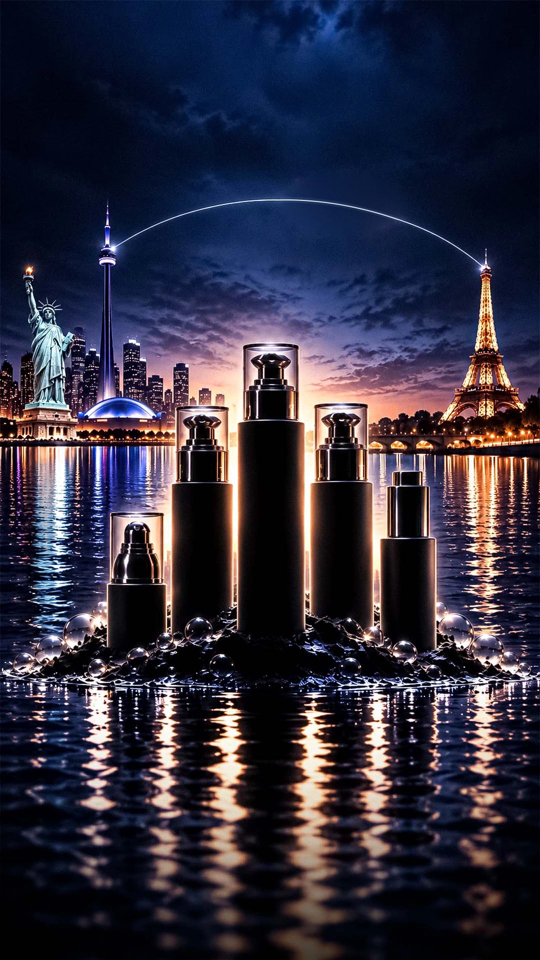 Five dark skincare bottles rising from the water at night, between the Statue of Liberty, the Toronto skyline and the Eiffel Tower, linked by a plane's trail of light.